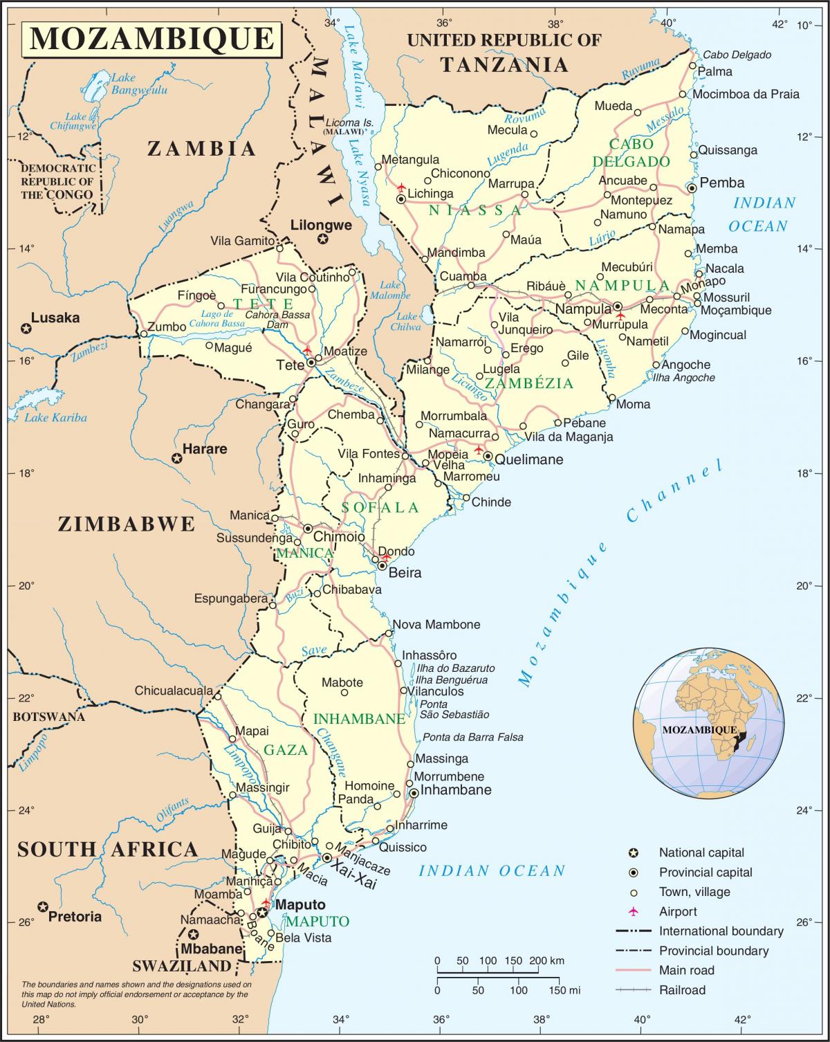 aeroportet në Mozambik në një hartë